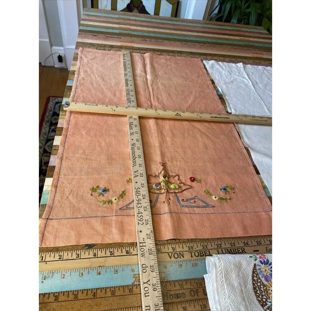 VINTAGE Hand Embroidered Tea Guest Towels Dresser Scarfs LINEN Floral Lot of 3
